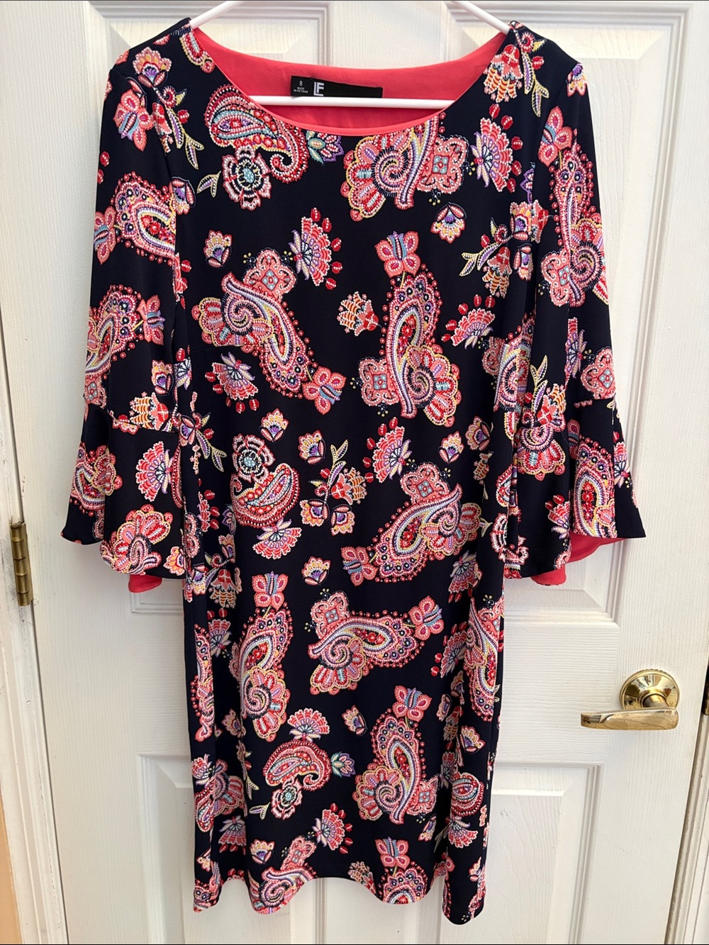 Leslie Fay black Paisley Long-Sleeve Shift Dress with Coral Accents bell sleeves
